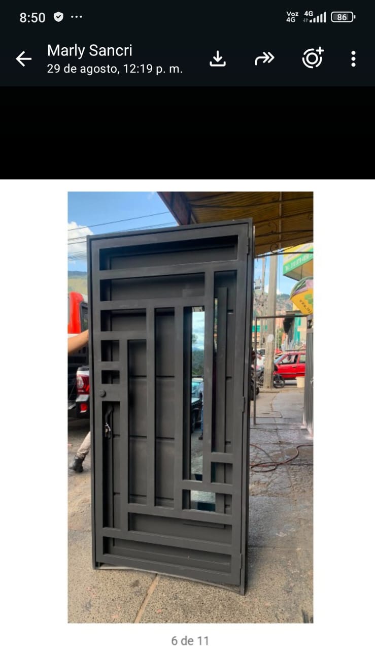Puerta metálica negra con diseño geométrico y vidrio