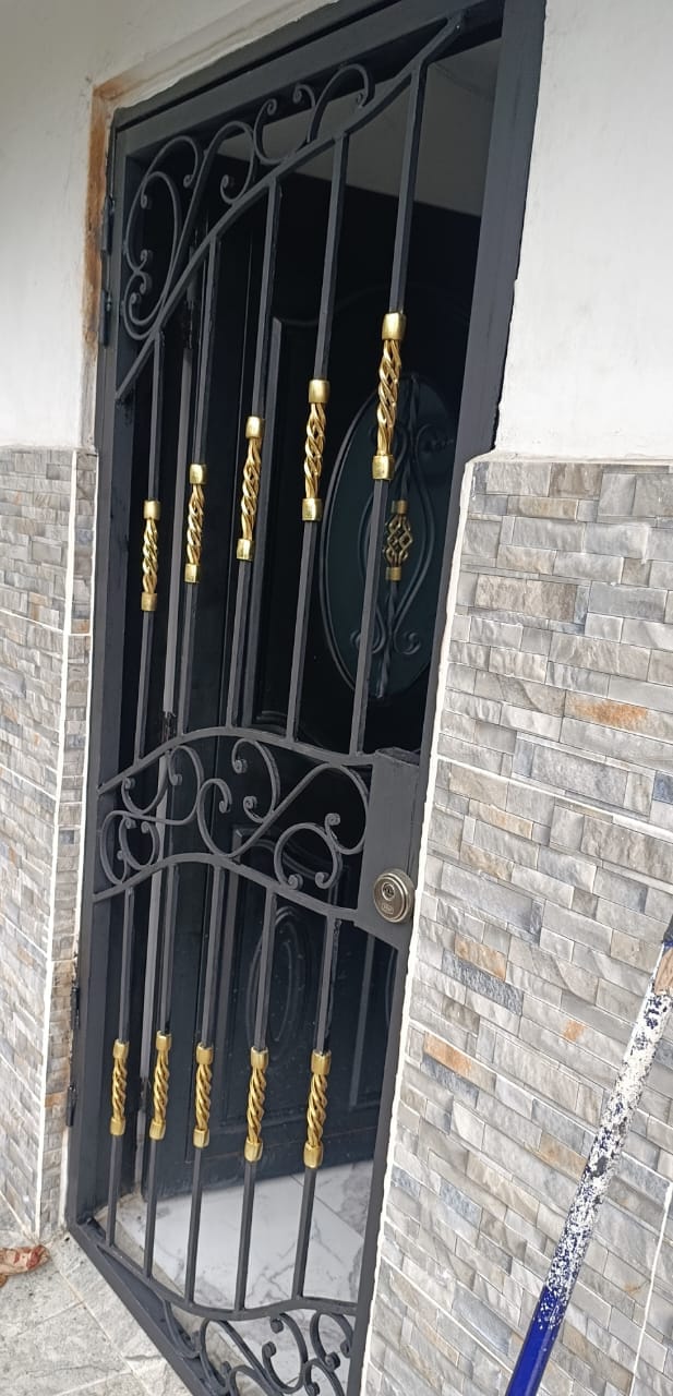 Puerta reja de forja negra con detalles dorados instalada en Medellín